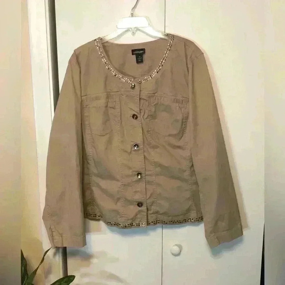 Lane Bryant Khaki Twill Jacket Size 28 Gold Silver Studs Button Front - Picture 1 of 13